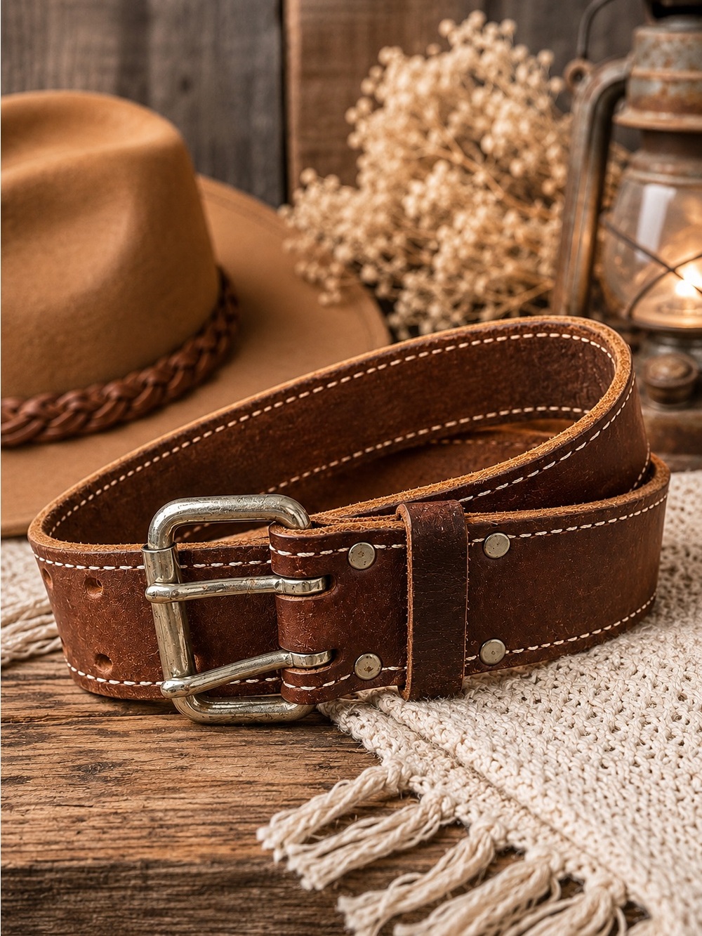 Vintage Brown Leather Western Belt Dual Prong Made USA Boho Workwear